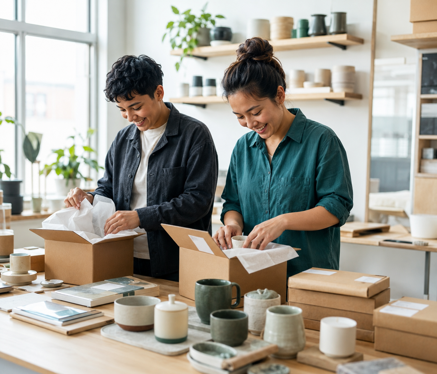 Two independent makers packing ceramics for their customers