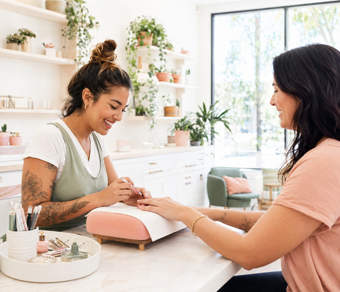 A nail artist working with a customer in a local studio